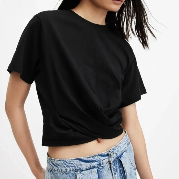 All Saints Black Crop Twisted Front Hem T-Shirt - Picture 2 of 9